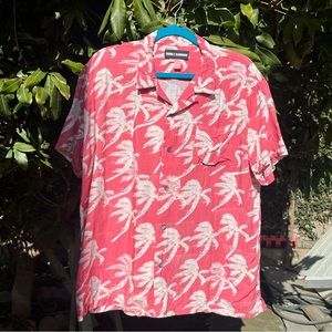 DOUBLE RAINBOUU red pink palm tree tropical rayon button up short sleeve shirt